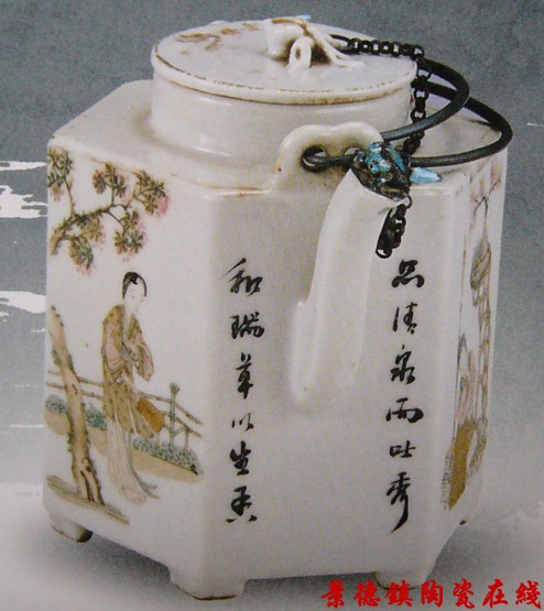 唐子桢 粉彩人物六面提壶 民国时期
