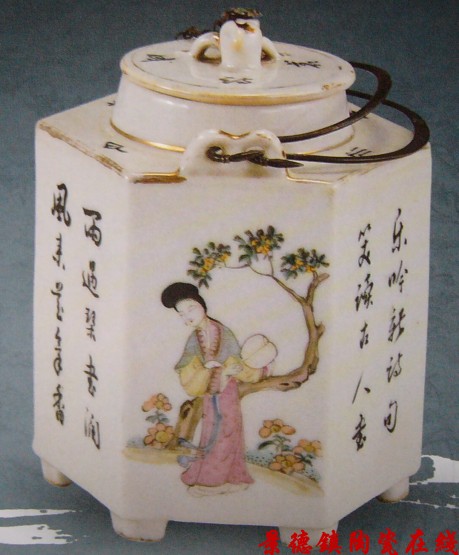 洪景皓 粉彩仕女六面提壶 民国时期