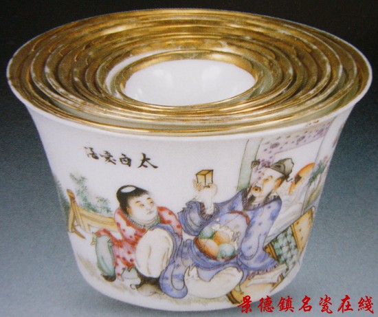 江西义城公司 彩绘人物九子套杯 民国时期