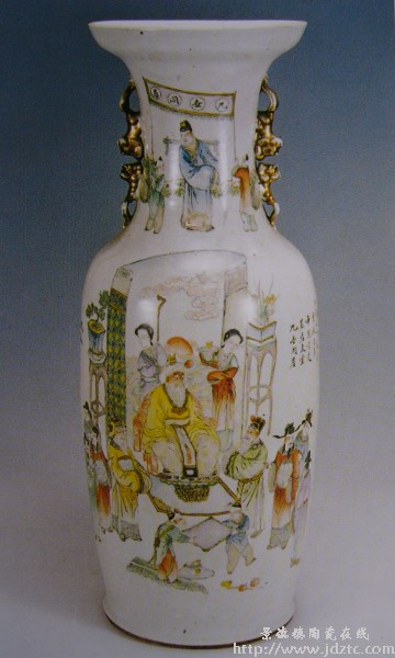 汪照藜《九世同堂图》双耳双面彩绘大瓶