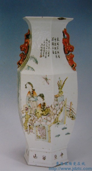 汪佩璋《二乔图》六方双耳瓶