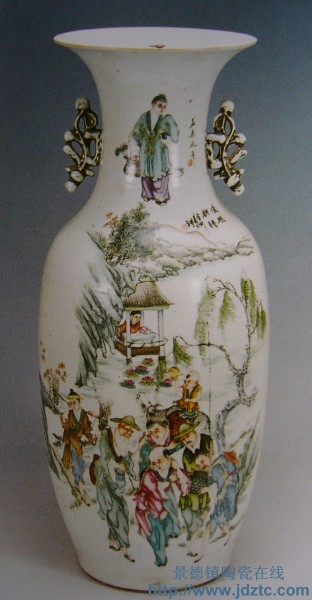 余钊《渔樵耕读图》双面双耳彩瓶