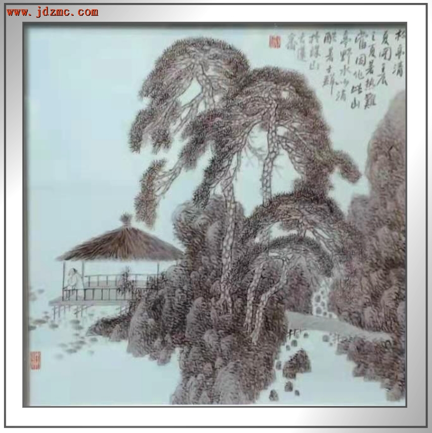 《松亭清夏图..》，粉彩瓷板．宋士群(江西省高级工艺美术师)