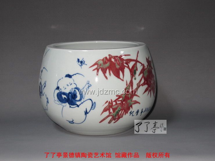 李云峰 青花釉里红 80件小品 婴戏红竹