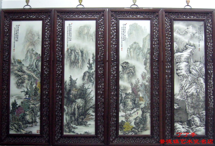 "春夏秋冬四条屏".余劲松.新粉彩.(江西省高级工艺美术师)